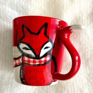 STARBUCKS Coffee Mug Fox 3D Tail Handle 12 fl oz Red White inside Porcelain 2016